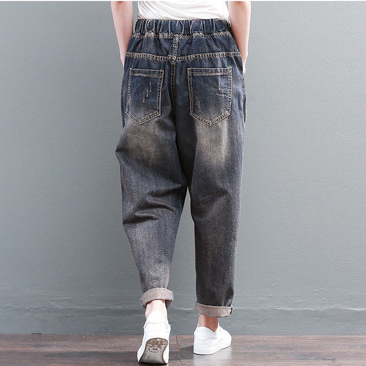 Quần Jeans Nữ Lưng Thun Họa Tiết Thêu Phong Cách Retro