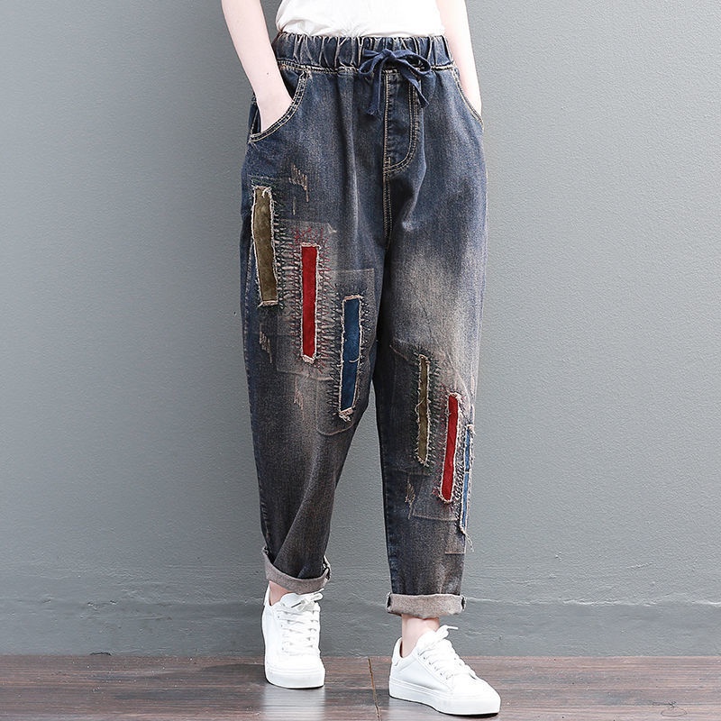Quần Jeans Nữ Lưng Thun Họa Tiết Thêu Phong Cách Retro