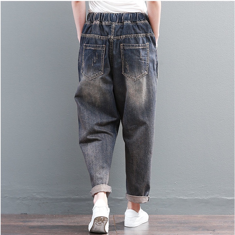 Quần Jeans Nữ Lưng Thun Họa Tiết Thêu Phong Cách Retro