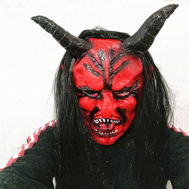 MẶT NẠ đỏ 2 sừng tóc dài đen hòa mình ma quỷ kjnh dị thích hợp cho Halloween quay video tiktok