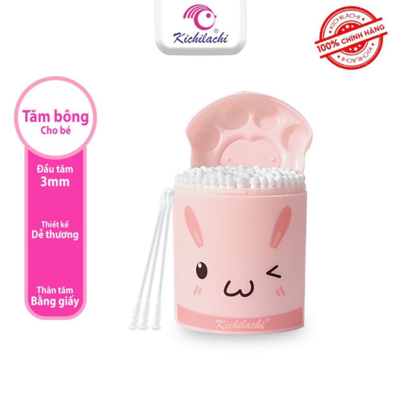Tăm bông trẻ em Kichi hình thỏ dễ thương, kháng khuẩn lõi giấy cho bé sơ sinh ngoáy tai, mũi-Hộp 200 que