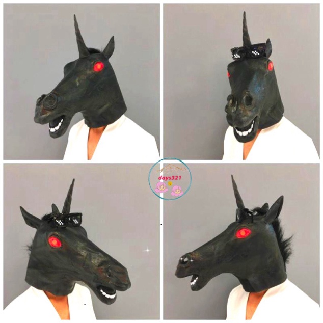 MẶT NẠ NGỰA black color 1 SỪNG trùm đầu vào vai con HẮC MÃ thích hợp cho Halloween trung thu tiệc tùng quay video tiktok