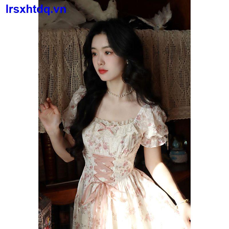 Đầm Hoa Cổ Vuông Tay Phồng Cột Nơ Eo Thời Trang Mùa Hè Xinh Xắn Cho Nữ