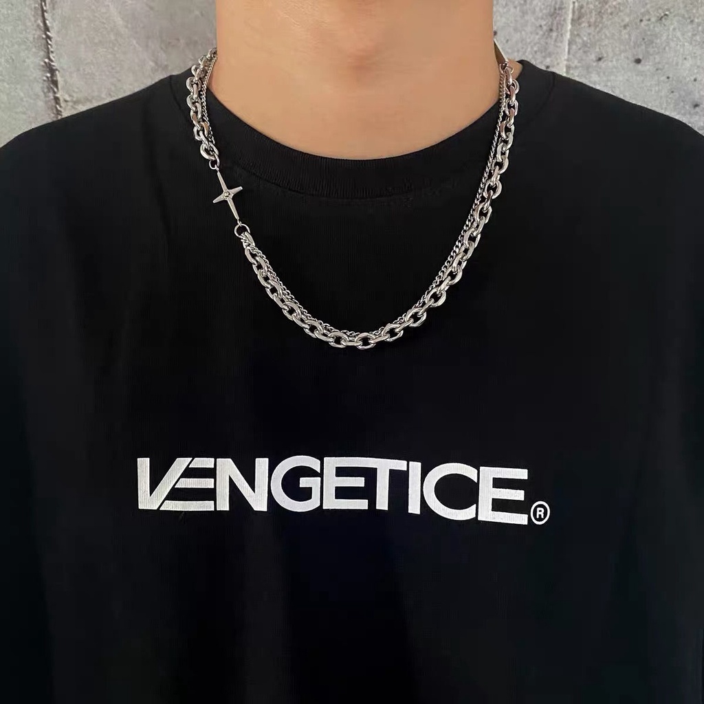 Vòng cổ Hai Lớp Bằng Thép Titan Mặt Thánh Giá Phong Cách hip hop Cá Tính Cho Nam Và Nữ