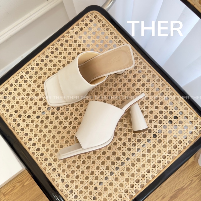 THER Guốc nữ basic bản ngang gót trụ cao 7cm màu Đen/ Trắng/Kem