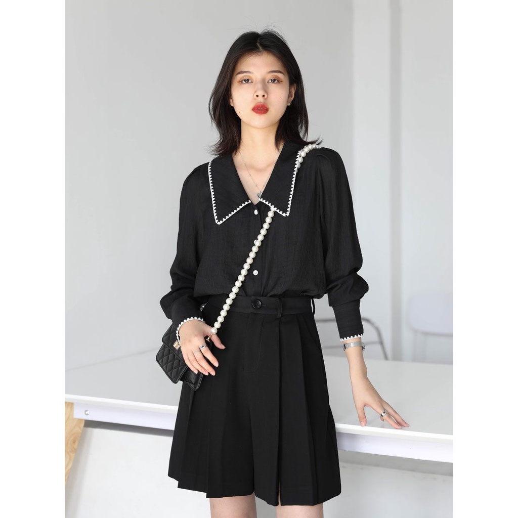 Chicven {Mojing Twin Life} Áo Sơ Mi Cổ Bẻ Họa Tiết Đường Viền Màu Sắc Tương Phản Retro Cá Tính Mùa