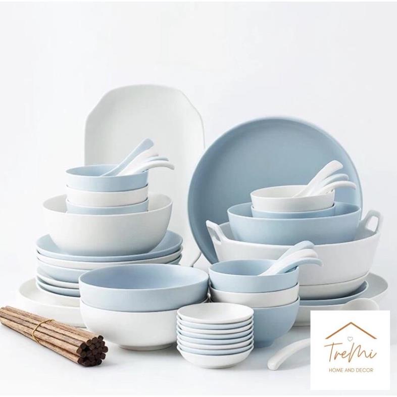 Bộ bát đĩa gốm trơn xanh mint mix trắng phong cách Bắc Âu