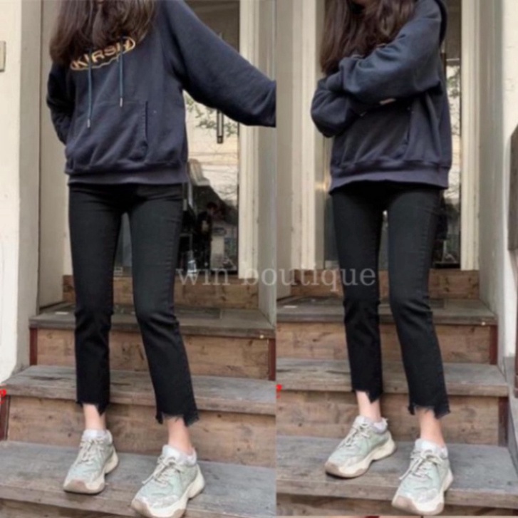 Quần jean bò ống đứng suông co và giãn black color cắt gấu Win Boutique Hot Trend | BigBuy360 - bigbuy360.vn