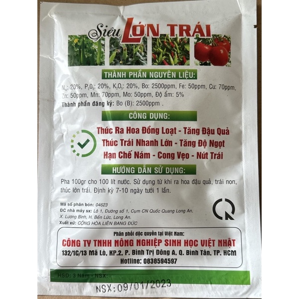 Phân nuôi trái lớn trái chống rụng trái đẹp trái gói 100gram pha 100 lít nước