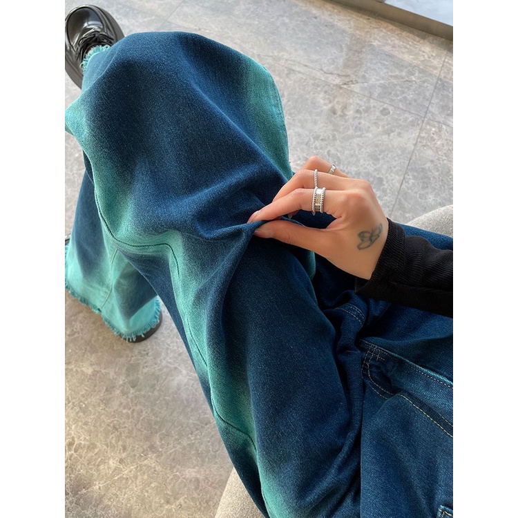 Jiashucheng Quần Jean Nữ Ống Rộng Lưng Cao Màu Gradient Nhìn Đường Phố Mùa Xuân Hè