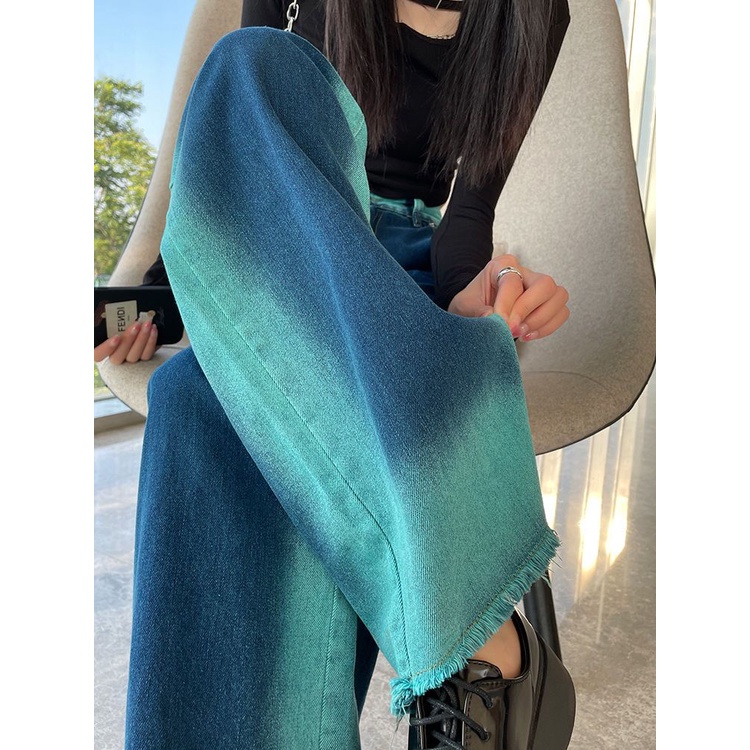 Jiashucheng Quần Jean Nữ Ống Rộng Lưng Cao Màu Gradient Nhìn Đường Phố Mùa Xuân Hè