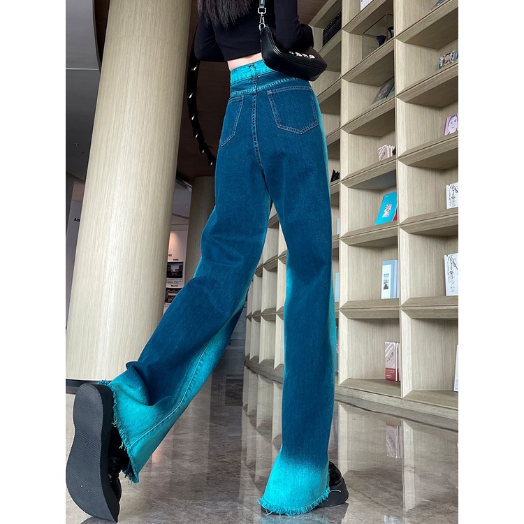 Jiashucheng Quần Jean Nữ Ống Rộng Lưng Cao Màu Gradient Nhìn Đường Phố Mùa Xuân Hè