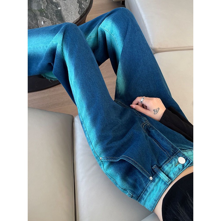 Jiashucheng Quần Jean Nữ Ống Rộng Lưng Cao Màu Gradient Nhìn Đường Phố Mùa Xuân Hè