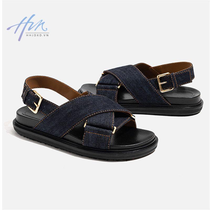 Giày Sandal Đế Dày Quai Chéo Chất Liệu Denim Thời Trang Mùa Hè Cho Nữ