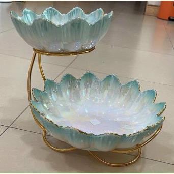 KHAY ĐỰNG BÁNH KẸO HOA QUẢ SỨ 2 TẦNG DÁNG SEN SANG TRỌNG HIỆN ĐẠI
