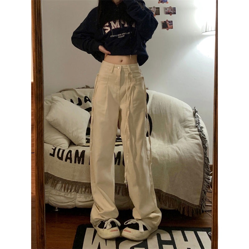 Jiashucheng Quần Jean Trắng Ống Rộng Lưng Cao Đường Phố Xuân Thu Cho Nữ