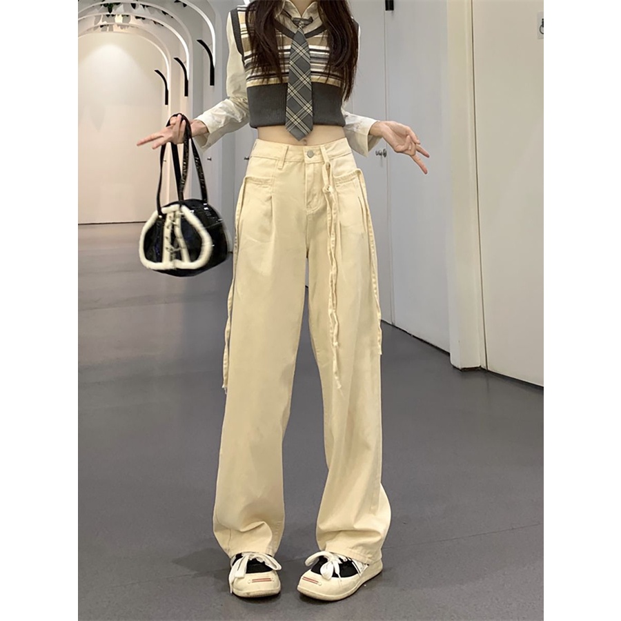 Jiashucheng Quần Jean Trắng Ống Rộng Lưng Cao Đường Phố Xuân Thu Cho Nữ