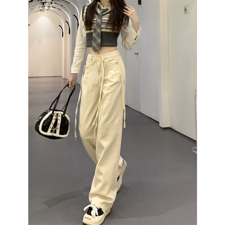 Jiashucheng Quần Jean Trắng Ống Rộng Lưng Cao Đường Phố Xuân Thu Cho Nữ