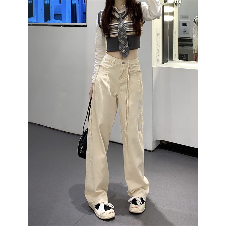 Jiashucheng Quần Jean Trắng Ống Rộng Lưng Cao Đường Phố Xuân Thu Cho Nữ