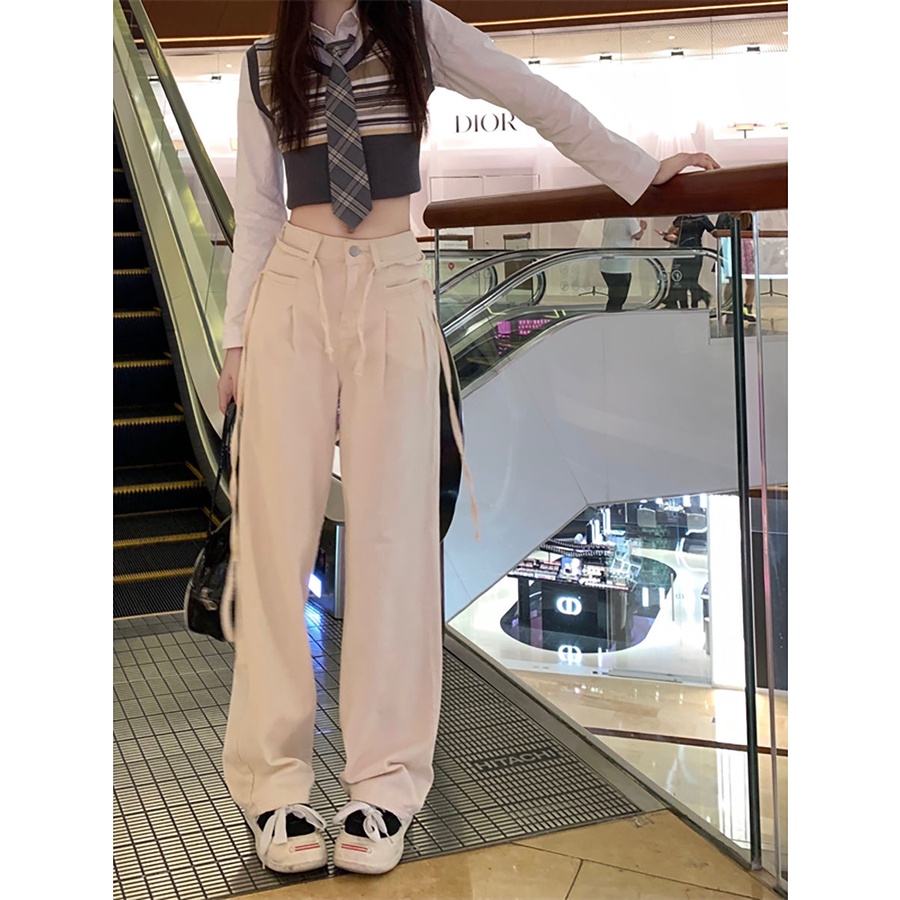 Jiashucheng Quần Jean Trắng Ống Rộng Lưng Cao Đường Phố Xuân Thu Cho Nữ