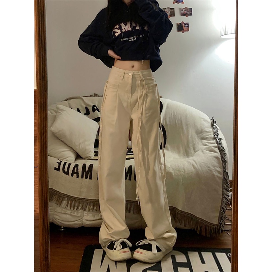 Jiashucheng Quần Jean Trắng Ống Rộng Lưng Cao Đường Phố Xuân Thu Cho Nữ