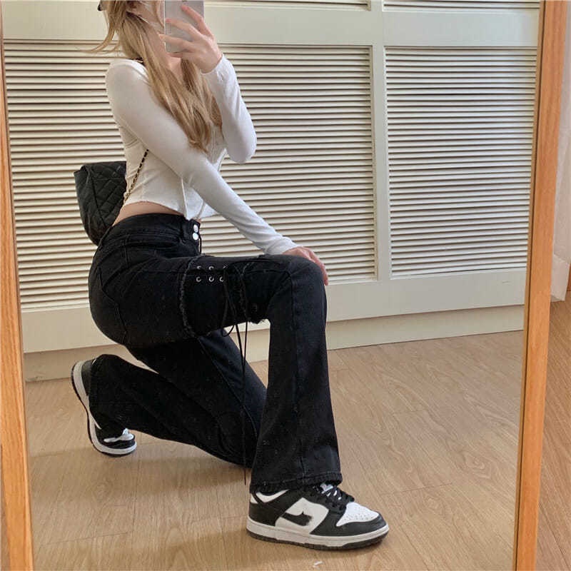 Jiashucheng Quần Jean Nữ Ống Loe Rộng Lưng Cao Cột Dây Phong Cách Đường Phố Xuân Thu Mới