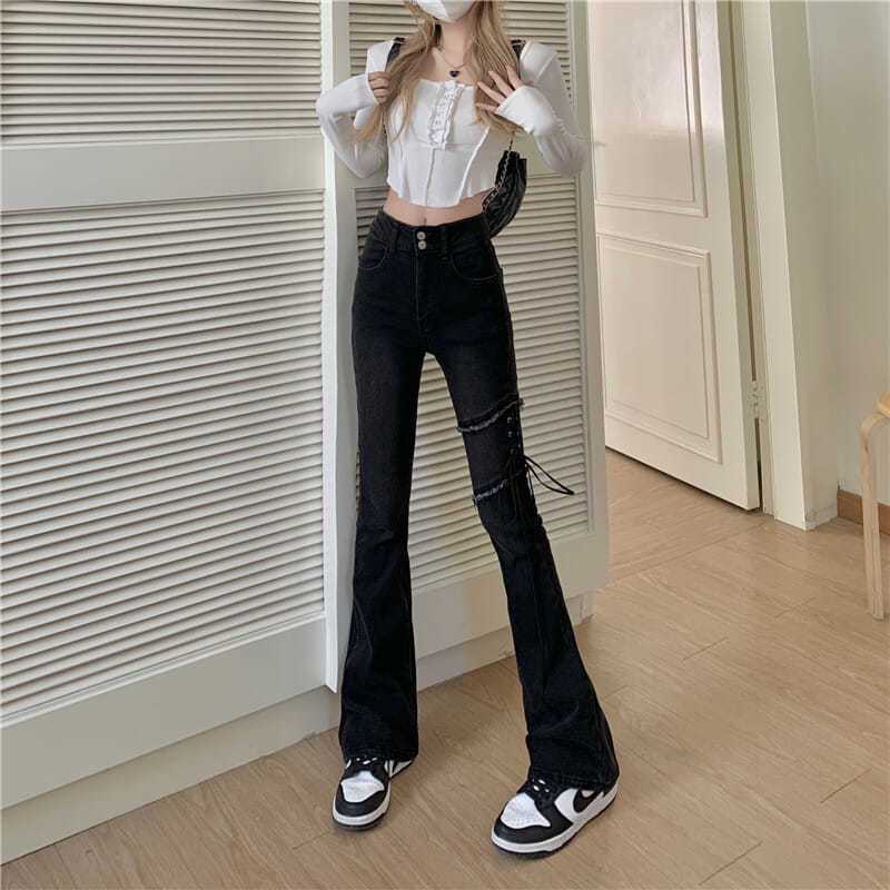 Jiashucheng Quần Jean Nữ Ống Loe Rộng Lưng Cao Cột Dây Phong Cách Đường Phố Xuân Thu Mới