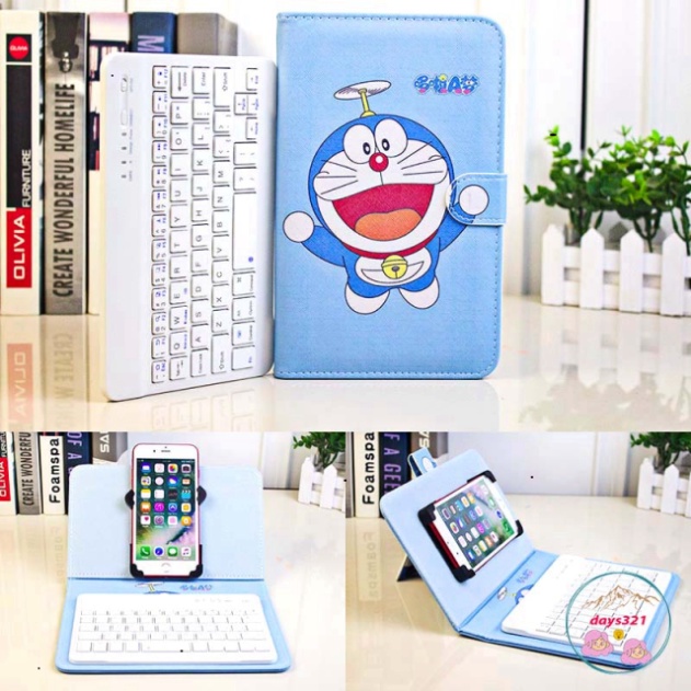 Bao Da Kèm keyboard Bluetooth HÌNH đô rê mon Cho Iphone / Android 4.5-6.8inch đa zi năng doraemon