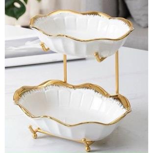 KHAY SỨ ĐỰNG BÁNH KẸO HOA QUẢ 2 TẦNG VIỀN VÀNG CAO CẤP SANG TRỌNG