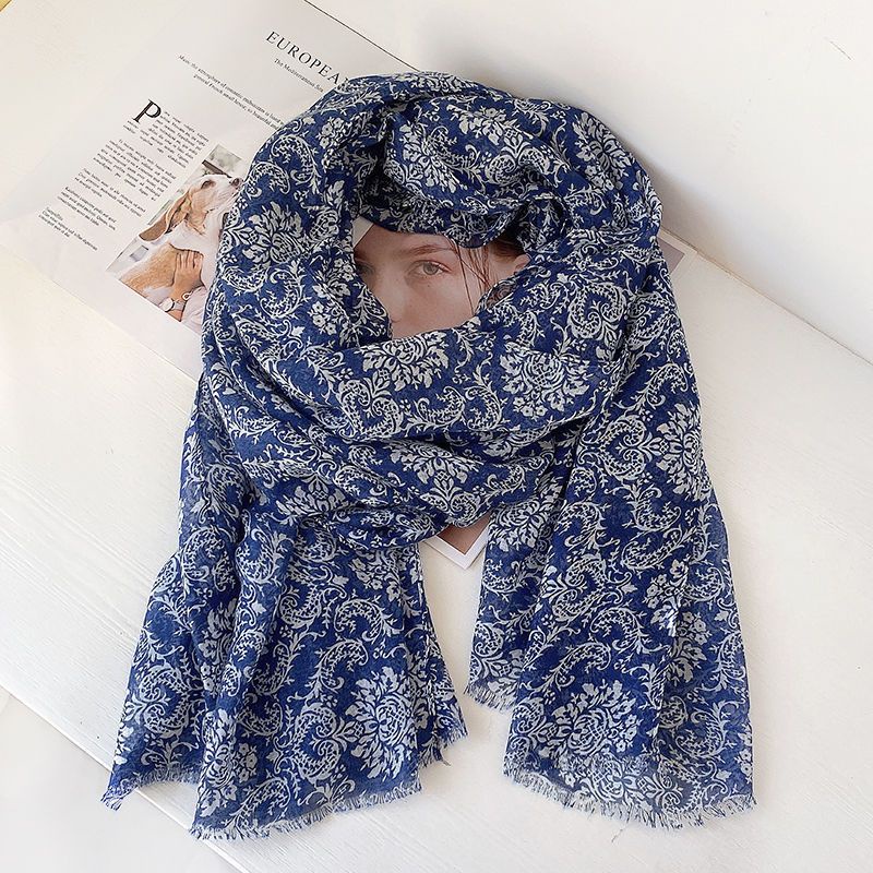 [Aishang Đẹp Phụ Kiện Đẹp] Khăn Choàng Cotton Lanh Trơn Màu Xanh Lam Trắng Sứ Đa Chức Năng Chống Nắng Đi Du Lịch Cho Nữ