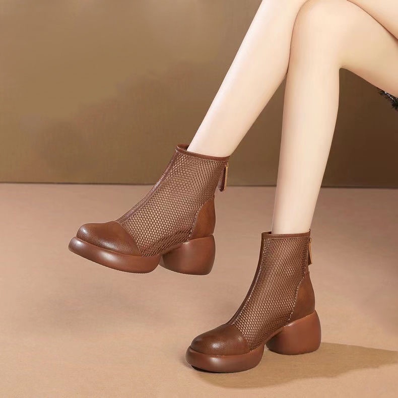Giày Bốt Martin Da Thật Phối Lưới Đục Lỗ Thoáng Khí Gót Dày Kiểu Retro Cá Tính Cho Nữ