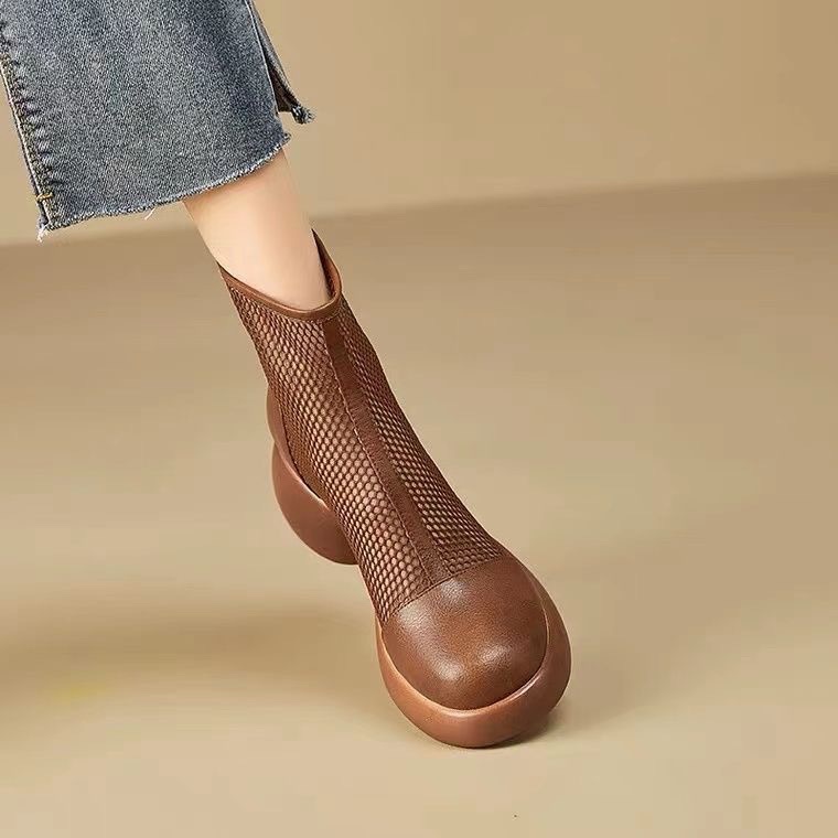 Giày Bốt Martin Da Thật Phối Lưới Đục Lỗ Thoáng Khí Gót Dày Kiểu Retro Cá Tính Cho Nữ
