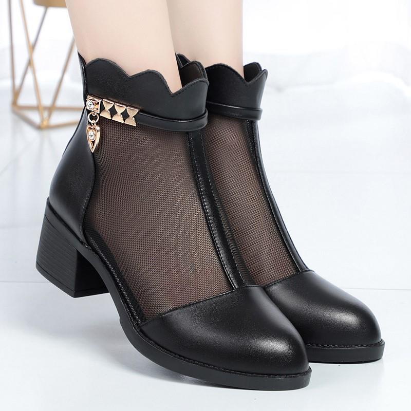Giày Bốt Cao Gót Bằng Da Thật Phối Lưới Thời Trang Mùa Xuân 2023 Cho Nữ