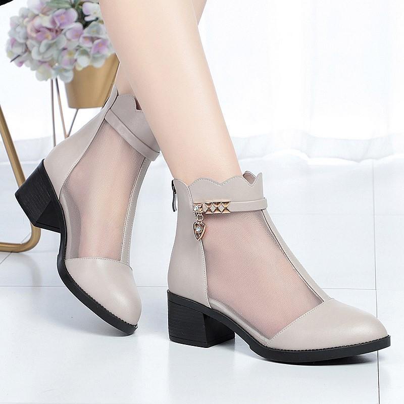 Giày Bốt Cao Gót Bằng Da Thật Phối Lưới Thời Trang Mùa Xuân 2023 Cho Nữ