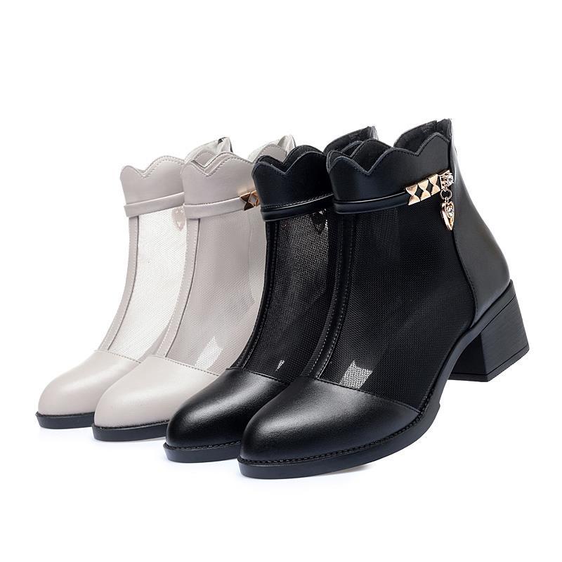 Giày Bốt Cao Gót Bằng Da Thật Phối Lưới Thời Trang Mùa Xuân 2023 Cho Nữ