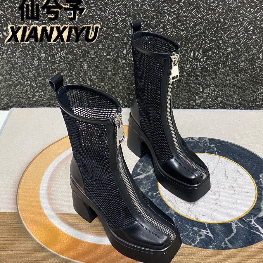 Giày Bốt Martin Da Thật Cao Gót Phối Lưới Thời Trang Xuân Hè 2023
