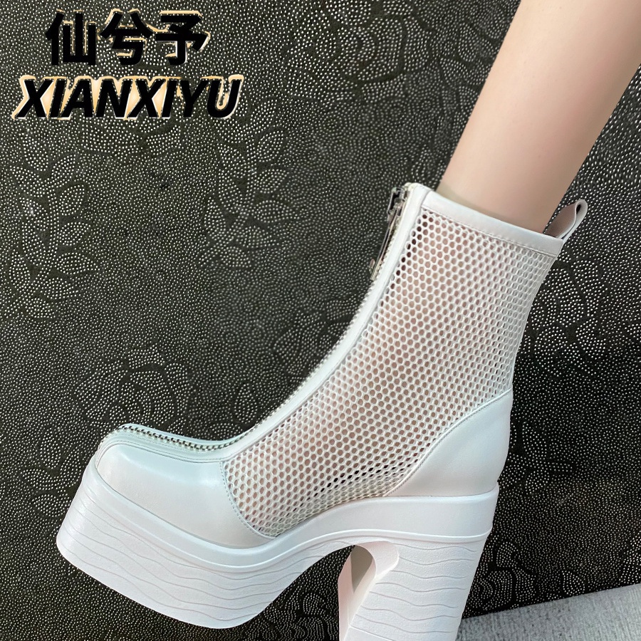 Giày Bốt Martin Da Thật Cao Gót Phối Lưới Thời Trang Xuân Hè 2023