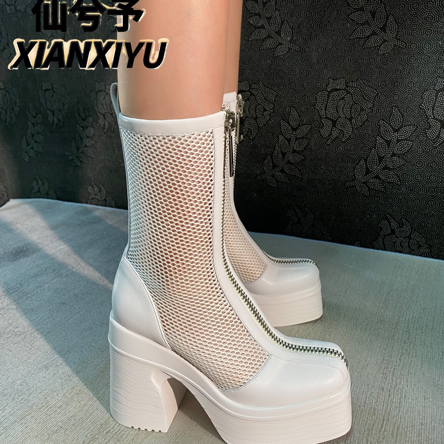 Giày Bốt Martin Da Thật Cao Gót Phối Lưới Thời Trang Xuân Hè 2023