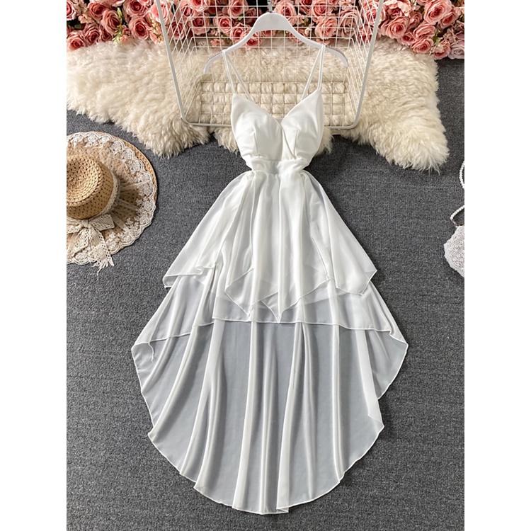 กระแสน้ำ Đầm Dài Dây Mảnh Không Chính Quy Màu Đen/Trắng Mùa Hè Đầm Hở Lưng Xếp Nếp Cạp Cao Không Dây Gợi Cảm Cho Nữ Áo C