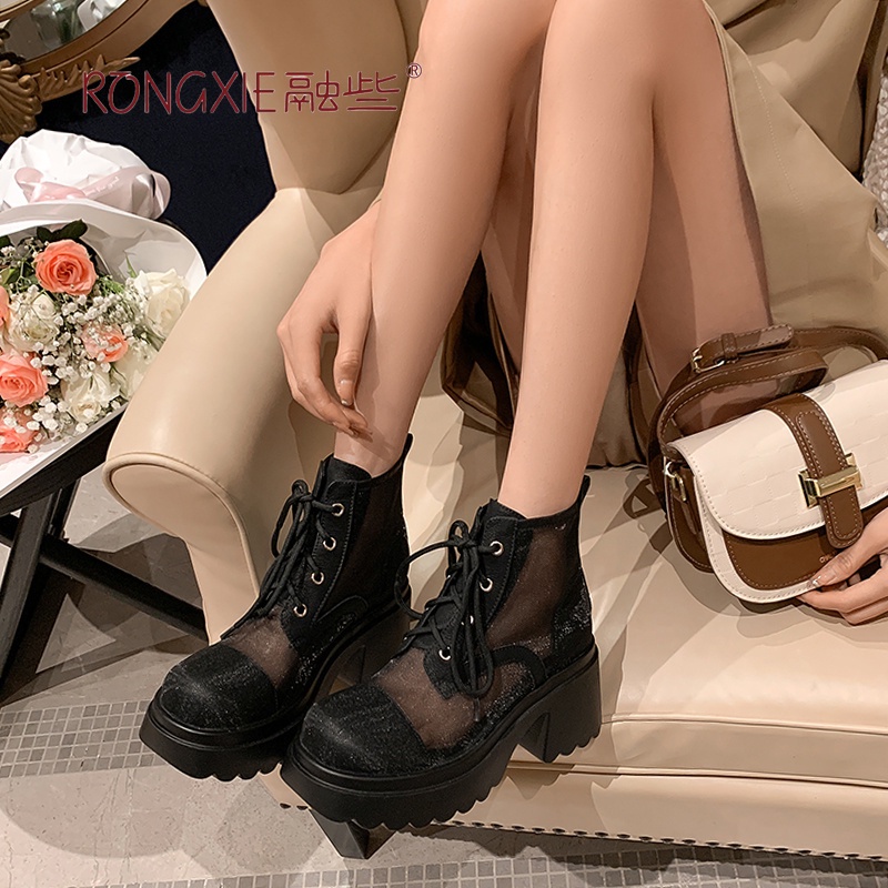 Giày Bốt Martin Cao Gót Phối Lưới Mỏng Thoáng Khí Thời Trang Mùa Hè 2023 Phong Cách Mới Cho Nữ