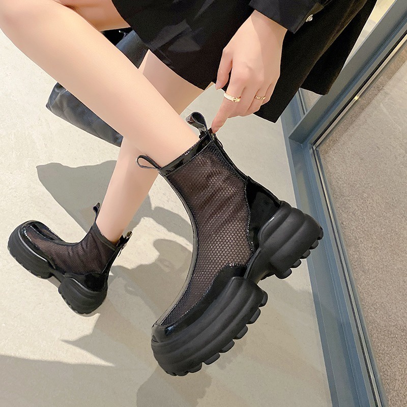 Giày Bốt Martin Phối Lưới Mỏng Cổ Cao Mũi Tròn Thời Trang Mùa Hè 2023 Phong Cách Mới Cho Nữ