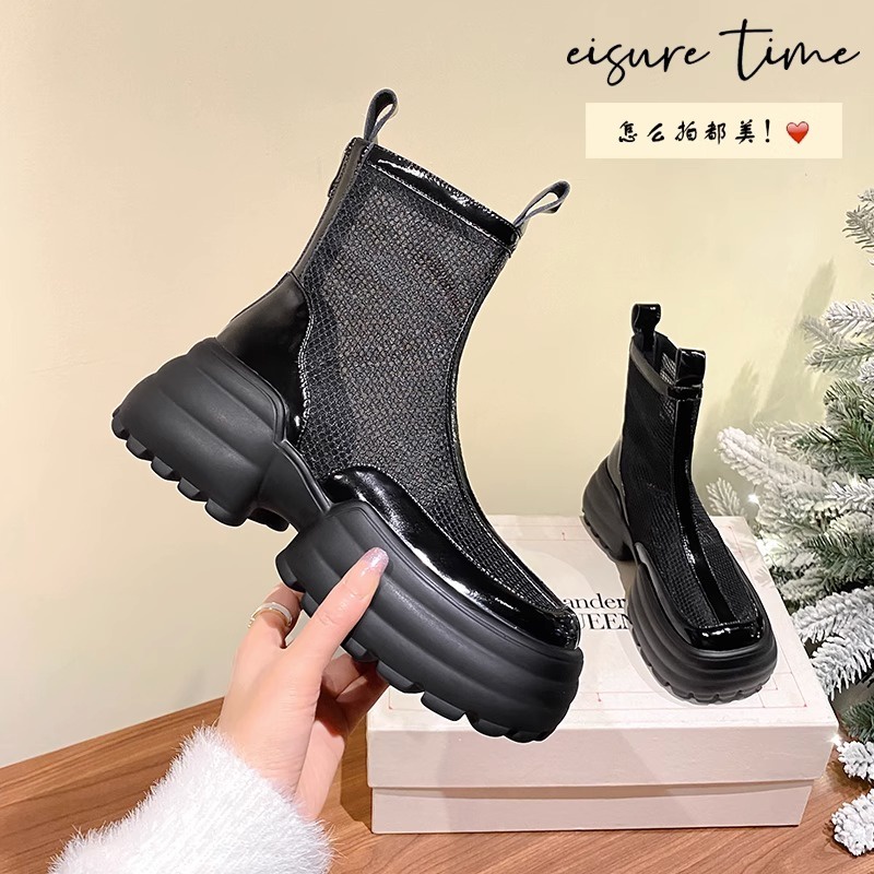 Giày Bốt Martin Phối Lưới Mỏng Cổ Cao Mũi Tròn Thời Trang Mùa Hè 2023 Phong Cách Mới Cho Nữ