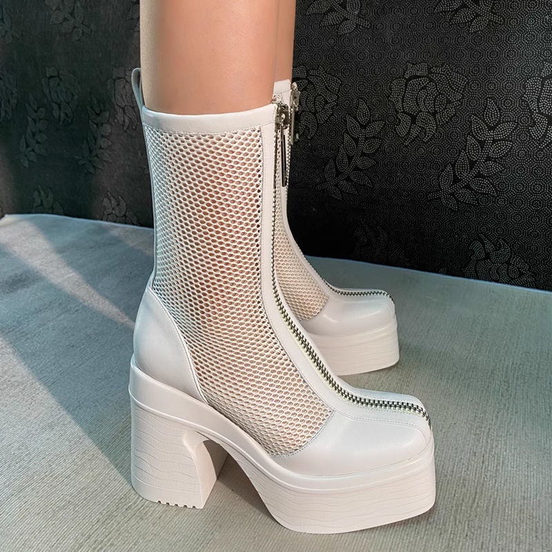 Giày Bốt Martin Da Cao Gót Phối Lưới Thời Trang Xuân Hè 2023 Cá Tính Cho Nữ