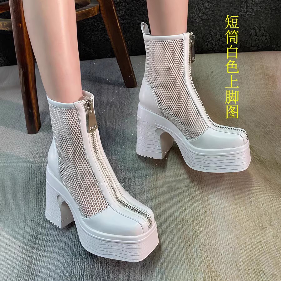 Giày Bốt Martin Da Cao Gót Phối Lưới Thời Trang Xuân Hè 2023 Cá Tính Cho Nữ