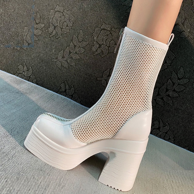 Giày Bốt Martin Da Cao Gót Phối Lưới Thời Trang Xuân Hè 2023 Cá Tính Cho Nữ