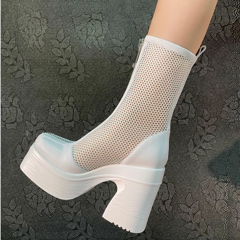 Giày Bốt Martin Da Cao Gót Phối Lưới Thời Trang Xuân Hè 2023 Cá Tính Cho Nữ