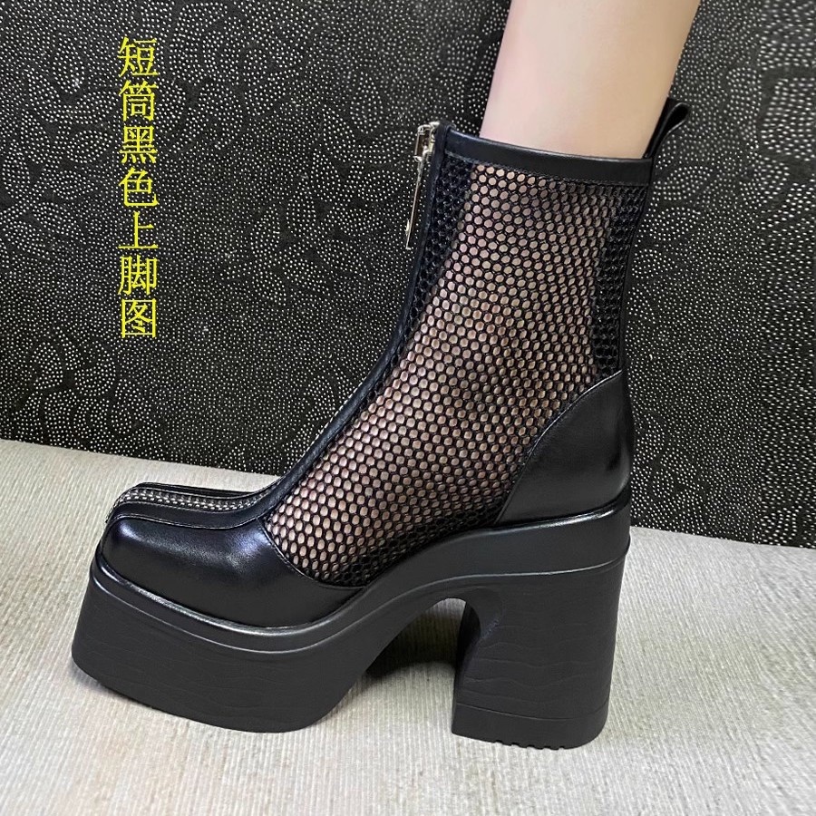 Giày Bốt Martin Da Cao Gót Phối Lưới Thời Trang Xuân Hè 2023 Cá Tính Cho Nữ