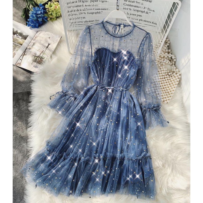 กระแสน้ำ ĐầM Nữ ĐầM Cổ Tích Lấp Lánh Lưới Đính Kim Sa Ngôi Sao Đầm Phồng Công Chúa Mỏng Lấp Lánh Thanh Lịch Cho Nữ Ảnh T