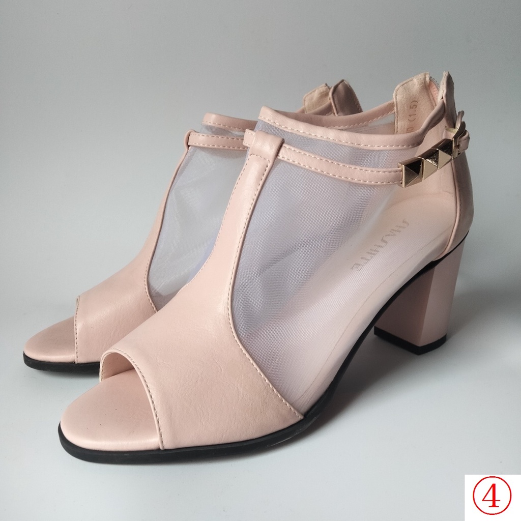 Giày Sandal Cao Gót Mùa Hè Hở Ngón Có Dây Kéo Sau Lưng Màu Hồng Trắng