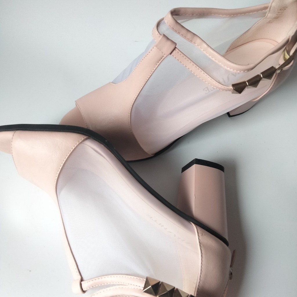 Giày Sandal Cao Gót Mùa Hè Hở Ngón Có Dây Kéo Sau Lưng Màu Hồng Trắng